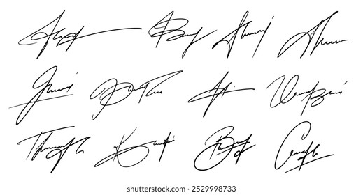 Signature Fake Autograph Vector Signs Set. Handwritten Fictitious Personal Scribbles Elements Collection. Documents Sign Doodles on White Background. Isolated