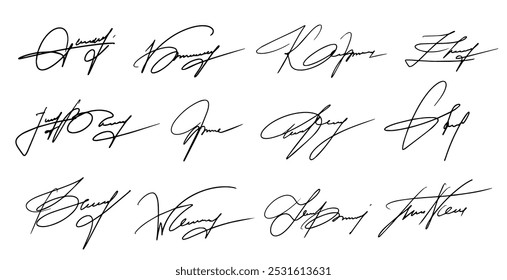 Signature Fake Autograph Vector Signs Set. Handwritten Fictitious Personal Scribbles Elements Collection. Documents Sign Doodles on White Background. Isolated