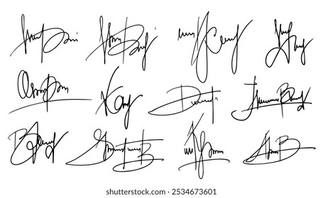 Signature Fake Autograph Vector Signs Set. Handwritten Fictitious Personal Scribbles Elements Collection. Documents Sign Doodles on White Background. Isolated