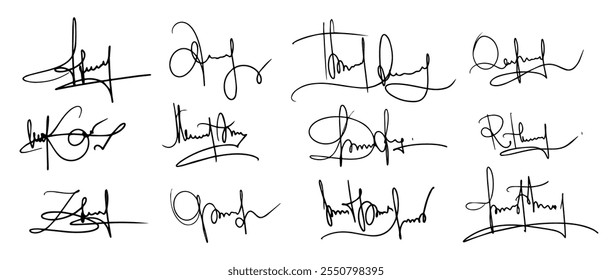 Signature Fake Autograph Vector Signs Set. Handwritten Fictitious Personal Scribbles Elements Collection. Documents Sign Doodles on White Background. Isolated