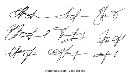 Signature Fake Autograph Vector Signs Set. Handwritten Fictitious Personal Scribbles Elements Collection. Documents Sign Doodles on White Background. Isolated