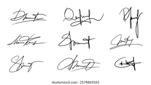 Signature Fake Autograph Vector Signs Set. Handwritten Fictitious Personal Scribbles Elements Collection. Documents Sign Doodles on White Background. Isolated