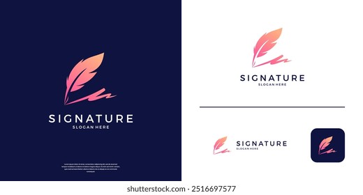 Signature feather pen logo design. Modern quill ink symbol vector illustration.