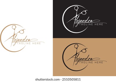 signature font Hair salon with hair and Scissors Concept logo design icon template
