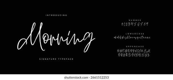 Fonte Da Assinatura Letra Maiúscula Minúscula E Número. Script Fonte Caligrafia Logotipo elegante Tipo de Fonte Letras de fonte manuscritas. ilustração vetorial  
