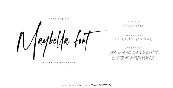 Fonte Da Assinatura Letra Maiúscula Minúscula E Número. Script Fonte Caligrafia Logotipo elegante Tipo de Fonte Letras de fonte manuscritas. ilustração vetorial  
