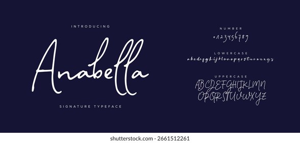 Fonte Da Assinatura Letra Maiúscula Minúscula E Número. Script Fonte Caligrafia Logotipo elegante Tipo de Fonte Letras de fonte manuscritas. ilustração vetorial  
