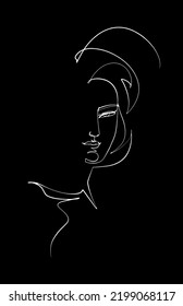 Signature In A Form Of Woman Face, Continuous Line Ink Drawing, White On Black