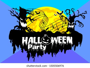 Signature Halloween party on blue background with spooky dancing trees, musical stave with spiders and angry pumpkin
