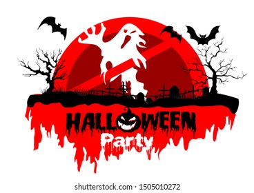Signature Halloween party on red moon background with gloomy trees, graveyard and Ghost
