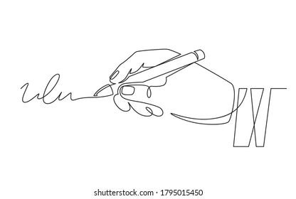 Signature and hand. Document signing, hand with pen signed contract. Person authentication, autograph, deal continuous line vector concept. Signature document pen, contract agreement illustration