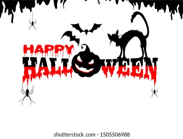 Signature happy Halloween on white background with drops, pumpkins, spiders, bats and black scared cat

