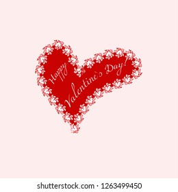 signature Happy Valentine's Day in the middle of a red heart with a contour of colored hearts on a white background