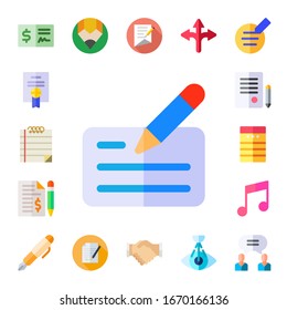 signature icon set. 17 flat signature icons. Included cheque, agreement, note, contract, musical note, fountain pen, compose, eye scan, writer icons