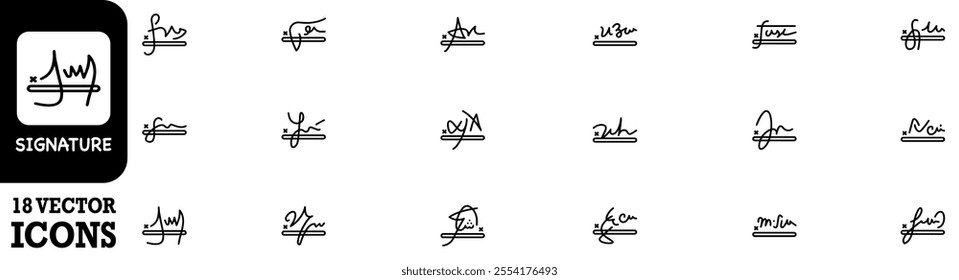 Signature icon set. Fake signatures. Fake autograph. Personal signature calligraphy. Contrived signature. Various autographs for documents. Ink autograph. Vector Illustration. EPS 10