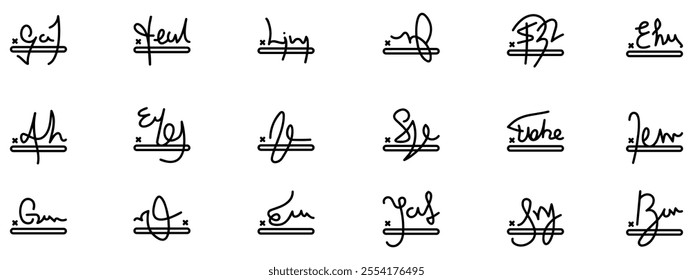 Signature icon set. Fake signatures. Fake autograph. Personal signature calligraphy. Contrived signature. Various autographs for documents. Ink autograph. Vector Illustration. EPS 10