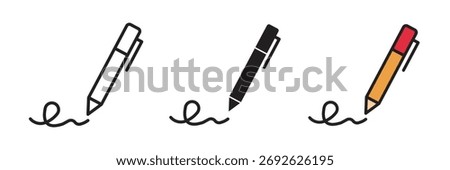 Signature icon set in flat vector illustration, created in outline, filled, and color style. Ideal for documents, contracts, authentication, approval, and digital signing design concepts.