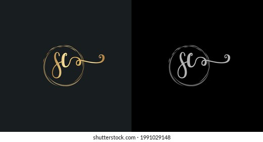 signature initial S and C isolated circle line in black background, handwriting signature  LOGO design illustration template 