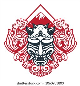 Signature of Japan with evil mask, sea waves and Fuji mountain floral with color combination of  black and red 