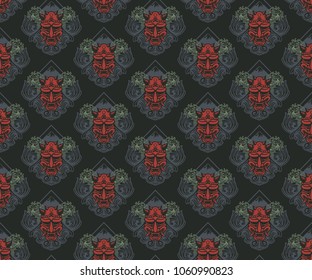 Signature of Japan with evil mask, sea waves and Fuji mountain floral seamless pattern with color combination of  purple red on black background