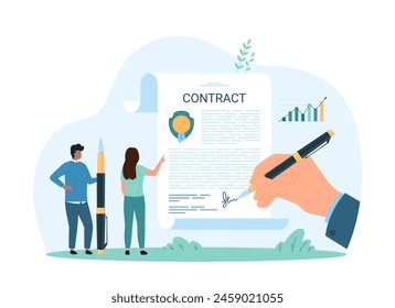 Signature of legal document, agreement, arrangement. Businessmans hand signing contract for purchase or sale, loan or deal with seal on paper sheet, tiny people holding pen cartoon vector illustration