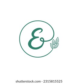 signature letter E logo design. Vector illustration letter E isolated circle with leaves ahead. Modern logo design vector icon template