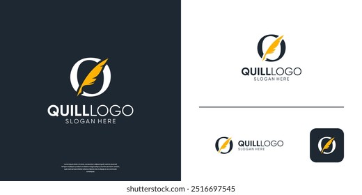 Signature letter O feather pen logo. Minimalist quill ink logo template.