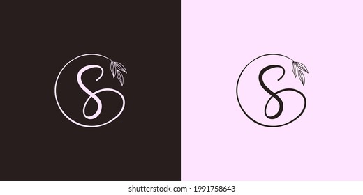 signature letter S isolated circle with leaves ahead. luxury vector monogram for cosmetic, restaurant, boutique, hotel logo concept vector