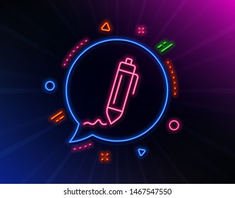 Signature line icon. Neon laser lights. Written pen sign. Education symbol. Glow laser speech bubble. Neon lights chat bubble. Banner badge with signature icon. Vector