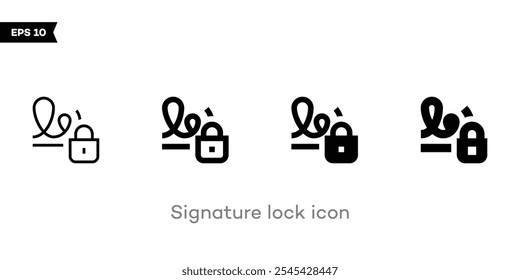 Diseño de icono de bloqueo de firma Minimalista. Línea de firma manuscrita de candado, que simboliza la seguridad y la verificación en las transacciones digitales. Ideal para identidad en línea, aplicaciones legales y comerciales.