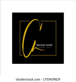 Signature logo, gold signature initial "C" with frame, brand and black background