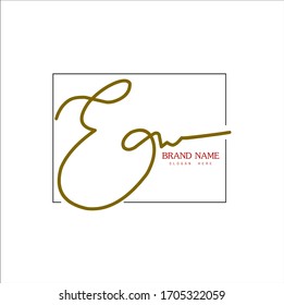 Signature logo, gold initial "E" signature with frame, brand and white background