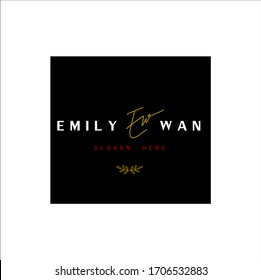 Logo de la firma, firma inicial "Ew" con marco negro, "EMILY WAN" y fondo blanco