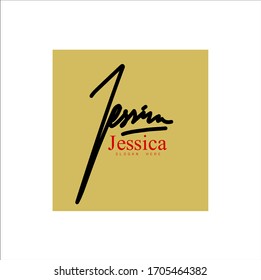 Signature logo, initial "J" signature with brown frame, brand and white background