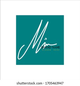Signature logo, initial "M" signature with 
 blue frame, brand and white background
