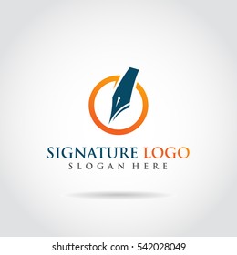 Signature Logo template logo design. pen concept, orange and dark blue color. Vector illustrator eps.10