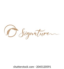 Signature logo template. Elegant feather pen. Law firm. Writer symbol. Curved plume silhouette. Quill logo design. Circle.
