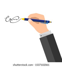 Signature of man. Signing document. Vector illustration. Hand with pen in flat design