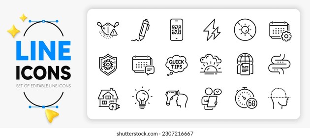 Signature, Medical mask and Face scanning line icons set for app include Intestine, Internet documents, Energy outline thin icon. Qr code, Electricity, Message pictogram icon. Vector