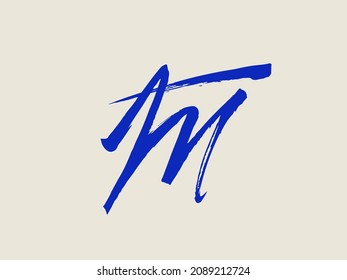 AM  signature monogram logo. Letter a, letter m brush script calligraphic icon isolated on light background. Alphabet initials. Handwritten characters. Blue color lettering.