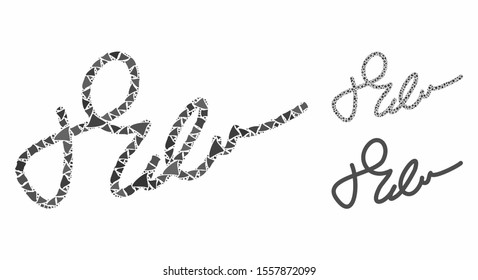 Signature mosaic of ragged elements in various sizes and color hues, based on signature icon. Vector ragged pieces are combined into mosaic. Signature icons collage with dotted pattern.