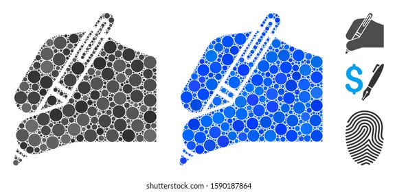 Signature mosaic of spheric dots in variable sizes and color hues, based on signature icon. Vector round dots are combined into blue mosaic. Dotted signature icon in usual and blue versions.
