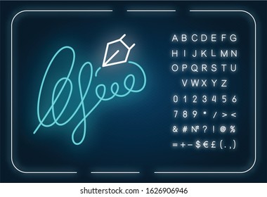 Signature neon light icon. Handwriting. Autograph. Proof of identity. Evidence of consent. Outer glowing effect. Sign with alphabet, numbers and symbols. Vector isolated RGB color illustration