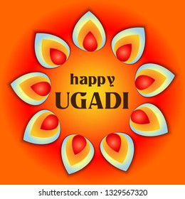 Signature on the card Happy Ugadi, multicolored motley mandala of petals in the center on an orange background