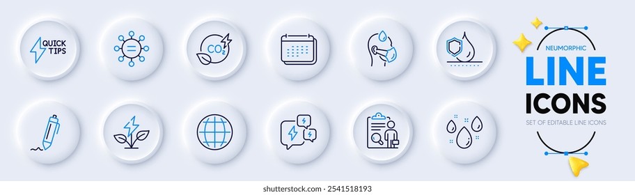 Signature, Quickstart guide and Ethics line icons for web app. Pack of Globe, Calendar, Stress pictogram icons. Rainy weather, Eco power, Sick man signs. Inspect, Co2 gas, Waterproof. Vector