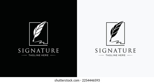 Signature Quill Feather Pen, Minimalist Signature Handwriting on square frame logo design template.