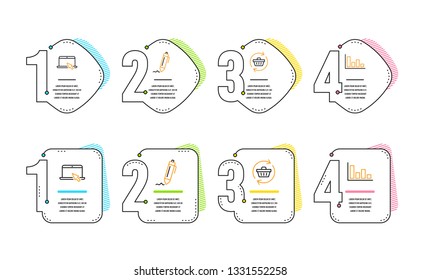 Signature, Refresh cart and Portable computer icons simple set. Histogram sign. Written pen, Online shopping, Notebook device. Economic trend. Infographic timeline. Line signature icon. Vector