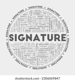 Signature - round badge. Text signature with keywords word clouds and circular text. Knight's Armor color theme and grunge texture. Neat vector illustration.