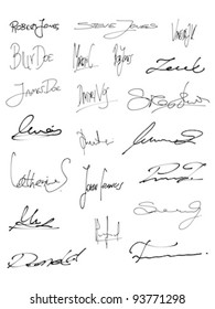 Signature set - collection of fictitious contract signatures. Business autograph illustration.