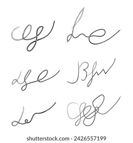 A signature set is a group of dummy contract signatures. Set of fake autographs, signature. Handwriting, black ink.